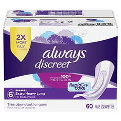 Always Discreet, Incontinence & Postpartum Pads For Women, Size 6 Drops, Extra Heavy Long Absorbency, 60 Count