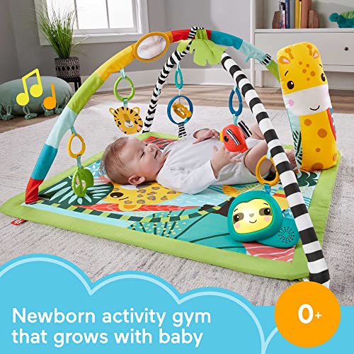 Fisher-Price 3-in-1 Baby Gym, Newborn to Toddler Tummy Time Play Mat with 5 Sensory Toys Lights & Sounds and Adjustable Arch, Rainforest