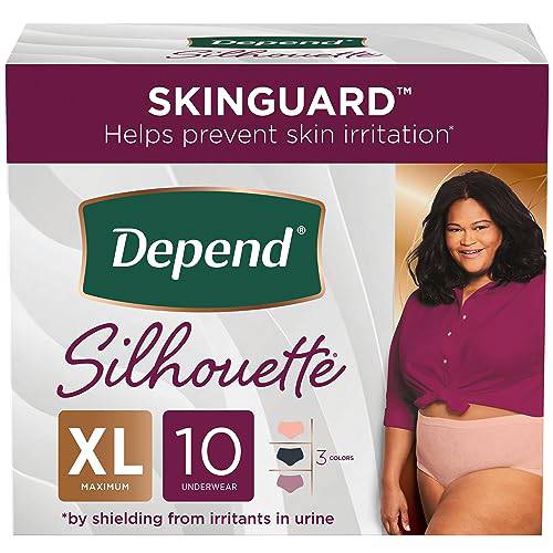 Depend Silhouette Adult Incontinence Underwear for Women, Maximum Absorbency, Extra-Large, Pink/Black/Berry, 10 Count