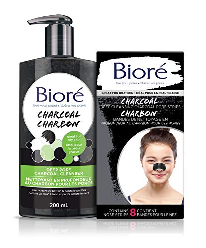 Biore Deep Cleansing Charcoal Duo, Deep Pore Charcoal Cleanser and Pore Strips for the face, blackhead removal with Natural Charcoal for Oily Skin, Dermatologist Tested and Vegan Friendly