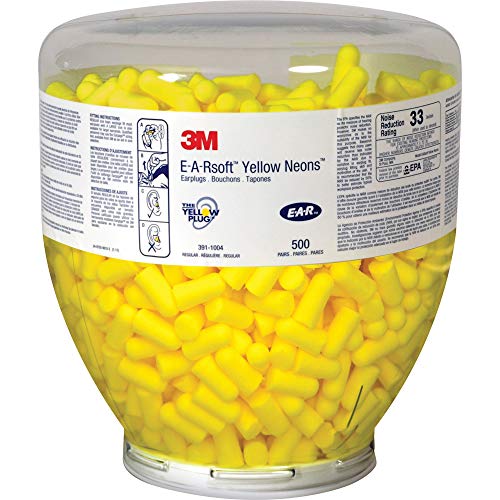 3M Ear Plugs, 500 Pairs/Refill Bottle for One Touch Dispenser, E-A-Rsoft Yellow Neons 391-1004, Uncorded, Disposable, Foam, NRR 33, Drilling, Grinding, Machining, Sawing, Sanding, Welding