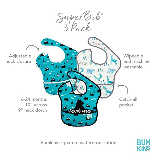 Bumkins SuperBib, Baby Bib, Waterproof, Washable Fabric, Fits Babies and Toddlers 6-24 Months - Feed Me, Outdoor, Wild Life (3-Pack)