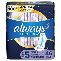 Always, Ultra Thin Pads For Women, Size 5, Extra Heavy Overnight Absorbency With Wings, 46 Count