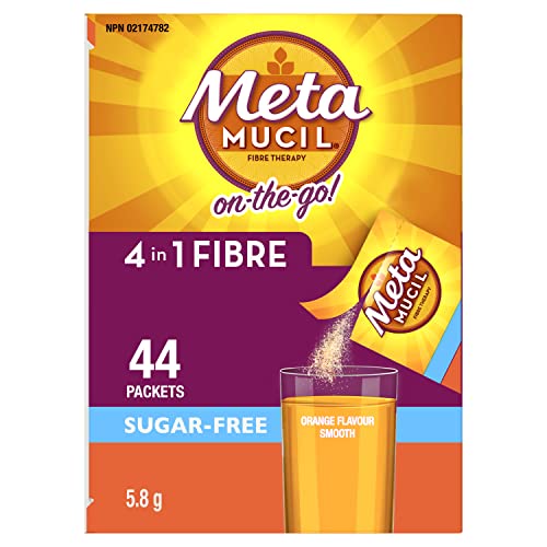Metamucil, Daily Psyllium Husk Powder Supplement Packets, Sugar-Free, 4-in-1 Fiber for Digestive Health, Orange Smooth Flavored Drink, 44 Servings