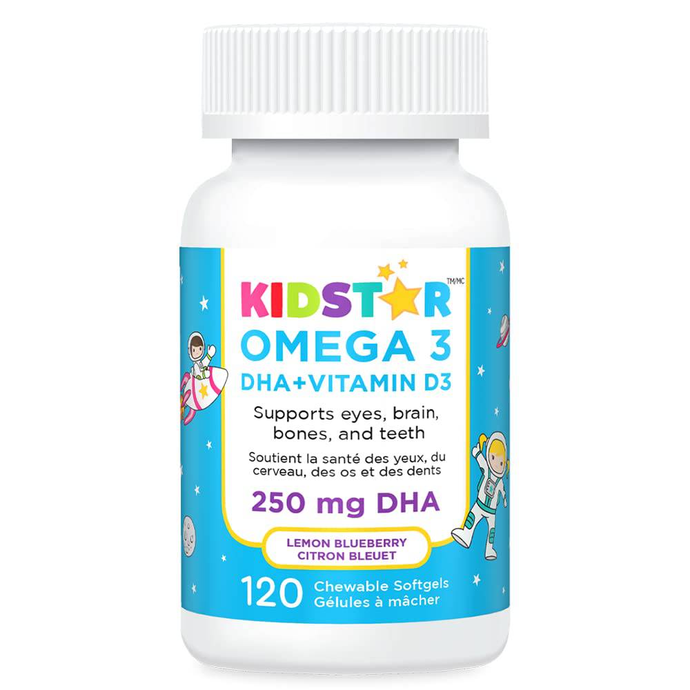 KidStar Nutrients Omega 3 with Vitamin D3, High-DHA, Lemon Blueberry, 120 Chewable Softgels