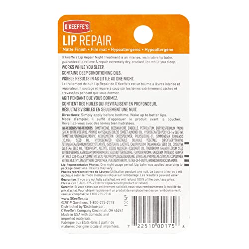 O'Keeffe's Lip Repair Night Treatment, Restorative Lip Balm, Deep Conditioning Oils, 0.25oz/7g, (Pack of 1), 100315