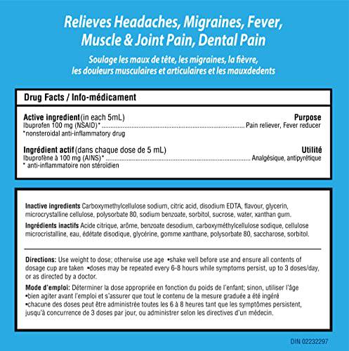 Children's Advil (100 ML, Grape Flavour) Ibuprofen Suspension Dye Free Temporary Fever Reducer