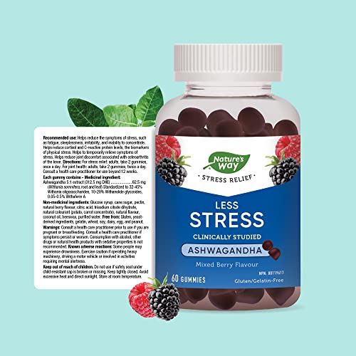 Nature's Way Less Stress Gummies – Clinically Studied Ashwagandha Supplement for Adults – Help to Reduce the Symptoms of Stress – Natural Mixed Berry Flavour, 60 Gummies