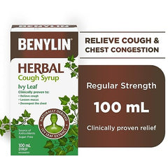 BENYLIN HERBAL Cough Syrup Ivy Leaf, Herbal Decongestant, Cold & Flu Relief, Cough Suppressant, Sugar Free, Antioxidants, 100-mL