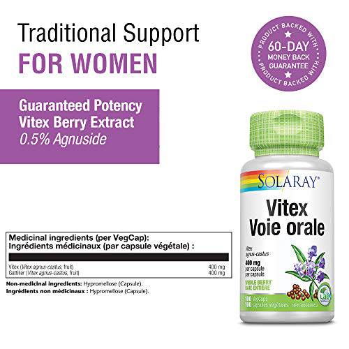 SOLARAY – Vitex Berry, 400mg | PMS Herbal Support | Vitex Agnus-Castus, Whole Berry | Dietary Supplement | Vegan, Lab Verified | 100 Vegetarian Capsules