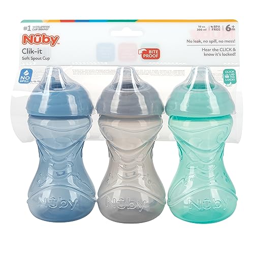 Nuby 3 Piece No-Spill Easy Grip Cup with Soft Flex Spout, Clik It Lock Feature, Neutral, 10 Ounce