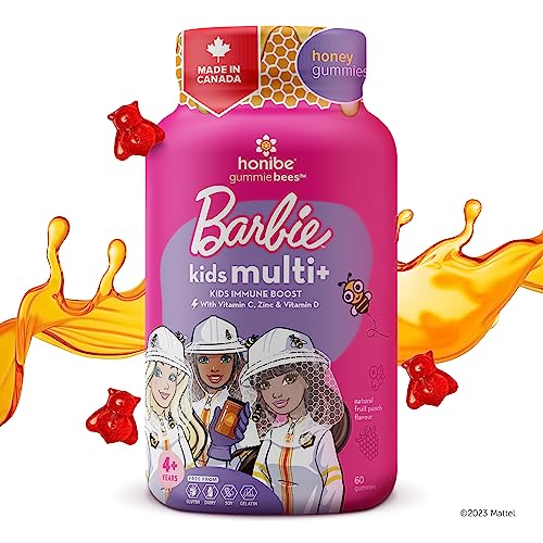 Honibe Kids Multivitamin Gummies Plus Immune Boost | Barbie | Honey-Based Vitamins Made in Canada | Children's Chewable Gummy Vitamins | Kids Zinc Vitamin Gummy Bees | 60 gummies