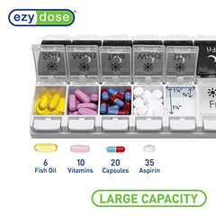 EZY DOSE Weekly (7-Day) AM/PM Pill Organizer, Vitamin and Medicine Box, Large Push Button Compartments, 2 Times a Day, Black and White Lids 1 count (Pack of 1)