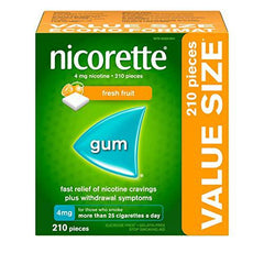 Nicorette Quit Smoking Aid, Nicotine Gum smoking cessation aid, Fresh Fruit, 4mg, 210 Pieces Value Size