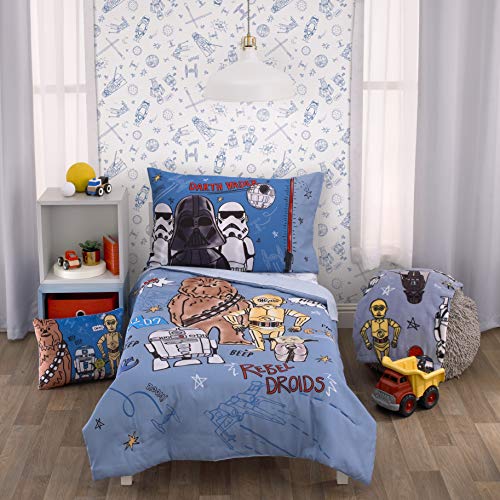 Star Wars Rule The Galaxy Blue, Grey, White 4 Piece Toddler Bed Set - Comforter, Fitted Bottom Sheet, Flat Top Sheet, Reversible Pillowcase