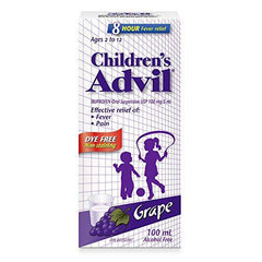 Children's Advil (100 ML, Grape Flavour) Ibuprofen Suspension Dye Free Temporary Fever Reducer