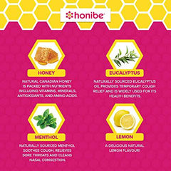 Honibe 100% Pure Honey Lozenges, Made in Canada, Soothes Sore Throat, With Menthol & Eucalyptus, 1 pack (10 lozenges), Natural Lemon