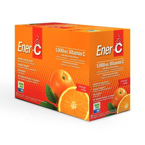 Ener-C Orange Multivitamin Drink Mix, 1000mg Vitamin C, Non-GMO, Vegan, Real Fruit Juice Powders, Natural Immunity Support, Electrolytes, Gluten Free, 1-Pack of 30 Orange