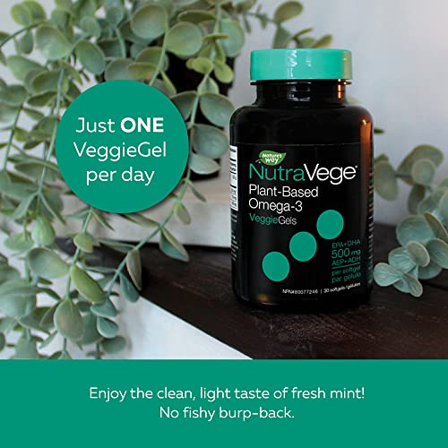 Nature's Way NutraVege Plant-based Omega-3 VeggieGels – Vegan-friendly Omega-3 Supplement with 500mg EPA + DHA – Fresh Mint Flavour – Supports Healthy Heart, Eyes and Brain Function in Adults, 30 Softgels