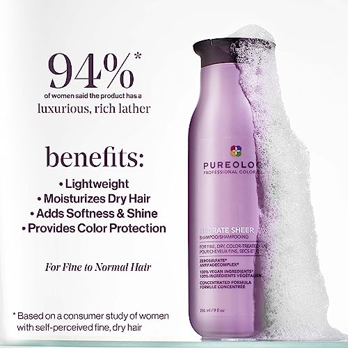 Pureology Hydrate Sheer Shampoo, For Fine, Dry, Color-Treated Hair, Lightweight Hydrating Conditioner, Silicone-Free, Vegan, 1000 ML