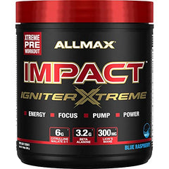 ALLMAX Nutrition - Impact Igniter Xtreme Pre Workout Powder - with Citrulline Malate, Beta - Alanine, Caffeine, Taurine, and Betaine anhydrous - Blue Raspberry - 360g