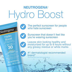 Neutrogena Hydro Boost Water Gel Lotion Sunscreen SPF 30 with Hyaluronic Acid, Non-Comedogenic, Water Resistant, 88 m