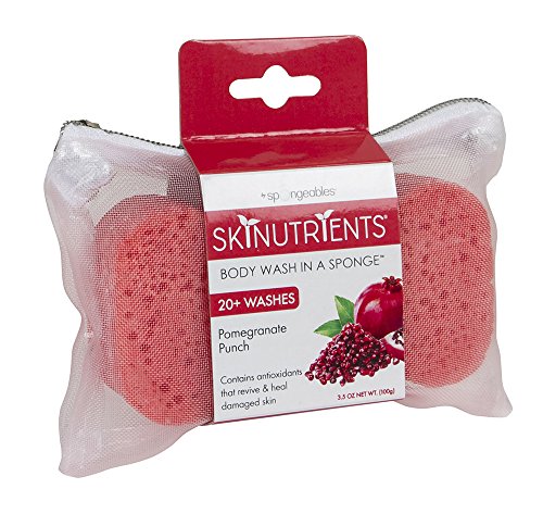 Spongeables Skinutrients Body Wash in a Sponge, Pomegranate Punch, With Bonus Travel Bag, 20+ Washes, Pack of 3