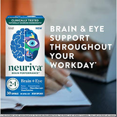 NEURIVA Brain + Eye Supplement for Memory, Focus & Concentration with Lutein & Vitamins A C E and Zinc for Eye Health & Zeaxanthin to Filter Blue Light, 30ct Capsules