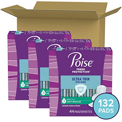 Poise Ultra Thin Postpartum Incontinence Pads with Wings, Light Absorbency, Regular Length, 132 Count, White