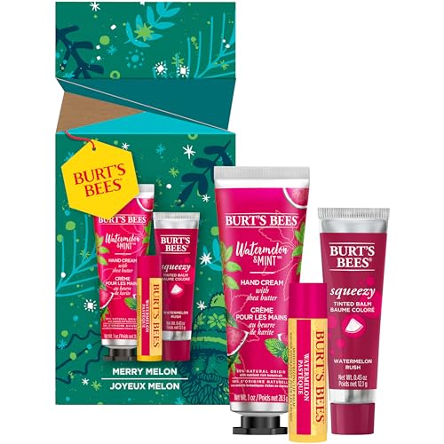 Burt's Bees Merry Melon set with Watermelon Moisturizing Lip Balm, Watermelon Rush Squeezy Tinted Balm and Watermelon and Mint Hand Cream, Holiday Gift, 3 Assorted Products