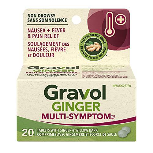 Gravol Ginger Multi-Symptom Tablet, Nausea, Fever & Pain Relief, Non Drowsy, Willowbark & Ginger Extract, 20 Tablets