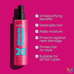 Matrix Miracles Leave-In Conditioner Spray, Moisturizing, Detangling, Frizz Control Treatment, Heat Protectant, Natural, Curly, Damaged Hair, Sulfate Free, 200ml (Packaging May Vary)