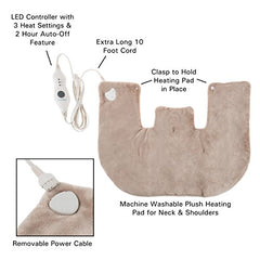 Electric Neck/Shoulder Warmer-Heating Pad with 3 Settings, Auto Shut Off, Front Clasp and Long Detachable Cord-Soft Plush Heat Pack by Bluestone (Tan)