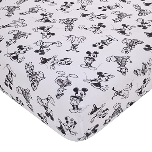 Disney Mickey Mouse - Charcoal, Black and White Mickey and Friends, Minnie Mouse, Donald Duck and Pluto Nursery Fitted Crib Sheet