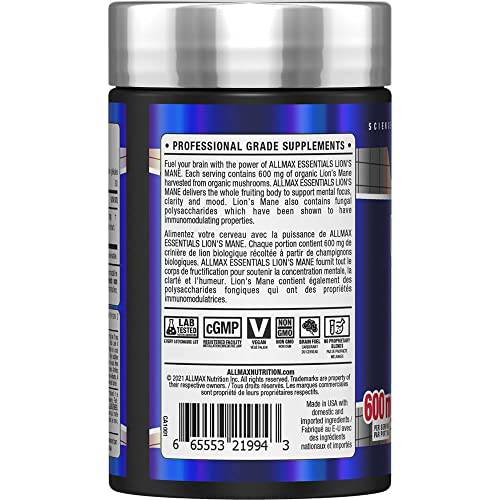 ALLMAX Nutrition - Lion's Mane Extract 600mg - Highly Advanced Nootropic to Supercharge Workout - 60 Count