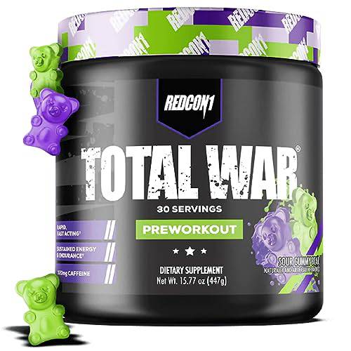 Redcon1 Total War - Pre Workout, 30 Servings, Boost Energy, Increase Endurance and Focus, Beta-Alanine, 250mg Caffeine, Citrulline Malate - Keto Friendly (Sour Gummy Bear)