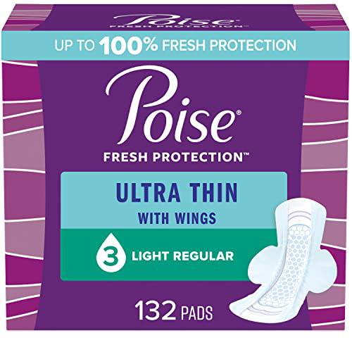 Poise Ultra Thin Postpartum Incontinence Pads with Wings, Light Absorbency, Regular Length, 132 Count, White