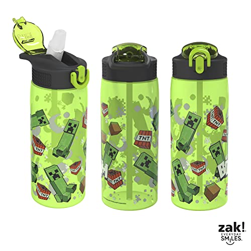 Zak Designs Minecraft Water Bottle For School or Travel, 25 oz Durable Plastic Water Bottle With Straw, Handle, and Leak-Proof, Pop-Up Spout Cover (Creeper)