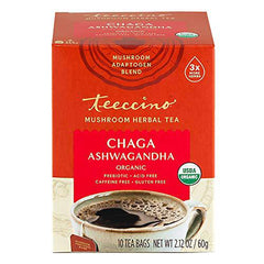 Teeccino Mushroom Adaptogen Tea – Chaga Ashwagandha French Roast Herbal Tea with Wild-Harvested Chaga Mushrooms & Ayurvedic Ashwagandha Root for Immune Support, 10 Tea Bags