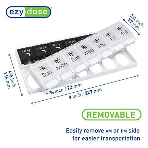 EZY DOSE Weekly (7-Day) AM/PM Pill Organizer, Vitamin and Medicine Box, Large Push Button Compartments, 2 Times a Day, Black and White Lids 1 count (Pack of 1)