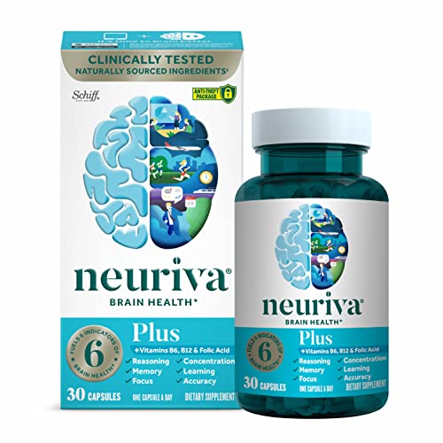 NEURIVA Plus Brain Supplement For Memory, Focus & Concentration + Cognative Function with Vitamins B6 & B12 and Clinically Tested Nootropics Phosphatidylserine and Neurofactor, 30ct Capsules