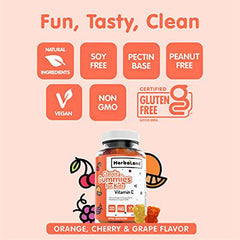 Herbaland Vegan Vitamin C Supplement for Kids - Plant-Based, Gluten-Free, and Natural Ingredients Vitamin Gummies for the maintenance of overall good health - Cherry, Orange and Grape Flavor - 60 Gummies