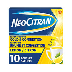 NeoCitran Extra Strength Cold and Congestion for Non-Drowsy Relief, Lemon, 10 Count
