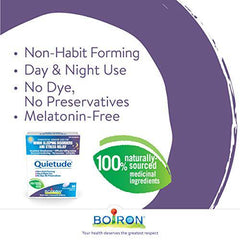 Boiron Quietude 90 tablets, Great for sleep and minor sleeping disorders (restlessness, difficulty falling asleep, nocturnal awakening, occasional sleeplessness) and nervousness (hypersensitivity, irritability). Homeopathic Medicine.