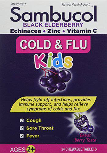 Sambucol Black Elderberry Cold & Flu Kids | Relieves Cold & Flu Symptoms | Immune Support & Antioxidant | Gluten Free | 24 Chewable Tablets, blue