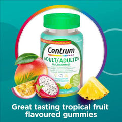 Centrum Adult MultiGummies Tropical Fruit Multivitamin and Multimineral Supplement, Pineapple-Mango, Dragonfruit, and Passionfruit Flavours, 120 count