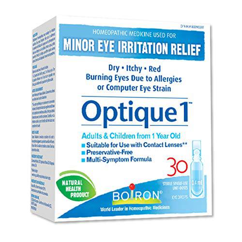 Boiron Optique 1, Eye drops used to relieve minor eye irritations such as dry, itchy or red burning eyes due to allergies or computer eye strain. 30 unit-doses