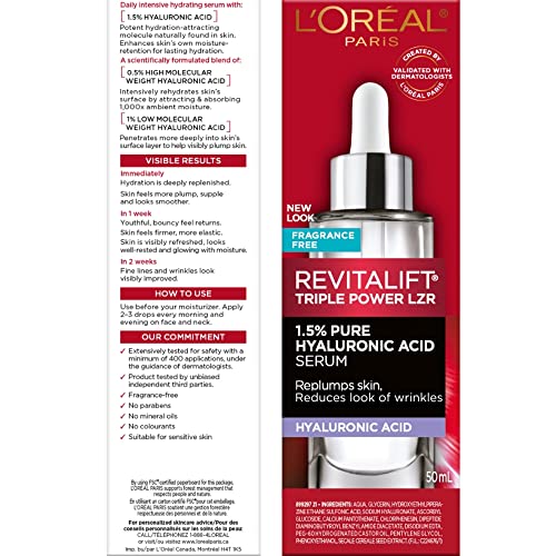 L'Oréal Paris 1.5% Pure Hyaluronic Acid Serum VALUE SIZE Revitalift Triple Power LZR, for Hydrated Plump Skin and Visibly Reduced Look of Wrinkles, Paraben Free, Non Comedogenic, 50ML