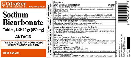 Sodium Bicarbonate Tablets USP 650 mg (10 Grains) for Relief of Acid Indigestion, Heartburn, Sour Stomach & Upset Stomach 1000 Tablets per Bottle by CitraGen Pharmaceuticals Inc