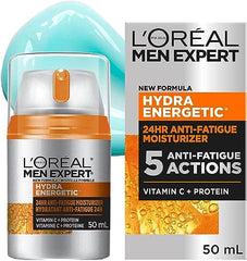 L'Oréal Paris Men Expert Hydra Energetic Face Cream with Vitamin C + Protein, 24HR Non-greasy Face Moisturizer for Men, For Dry and Dull Skin, Reduces look of fine lines & dark circles, Dermatologist Tested, 50ml